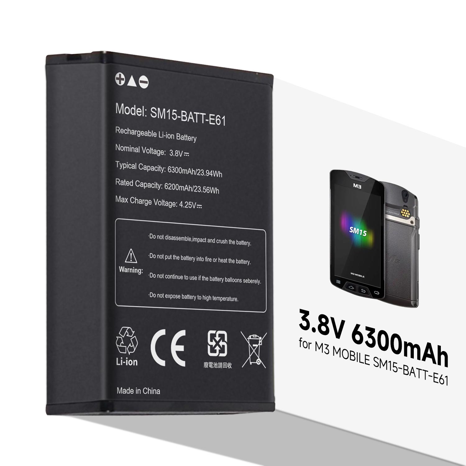 Factory Wholesale Barcode Scanner Battery for M3 MOBILE SM15-BATT-E61 Handheld Mobile Computer 3.8V 6300mAh